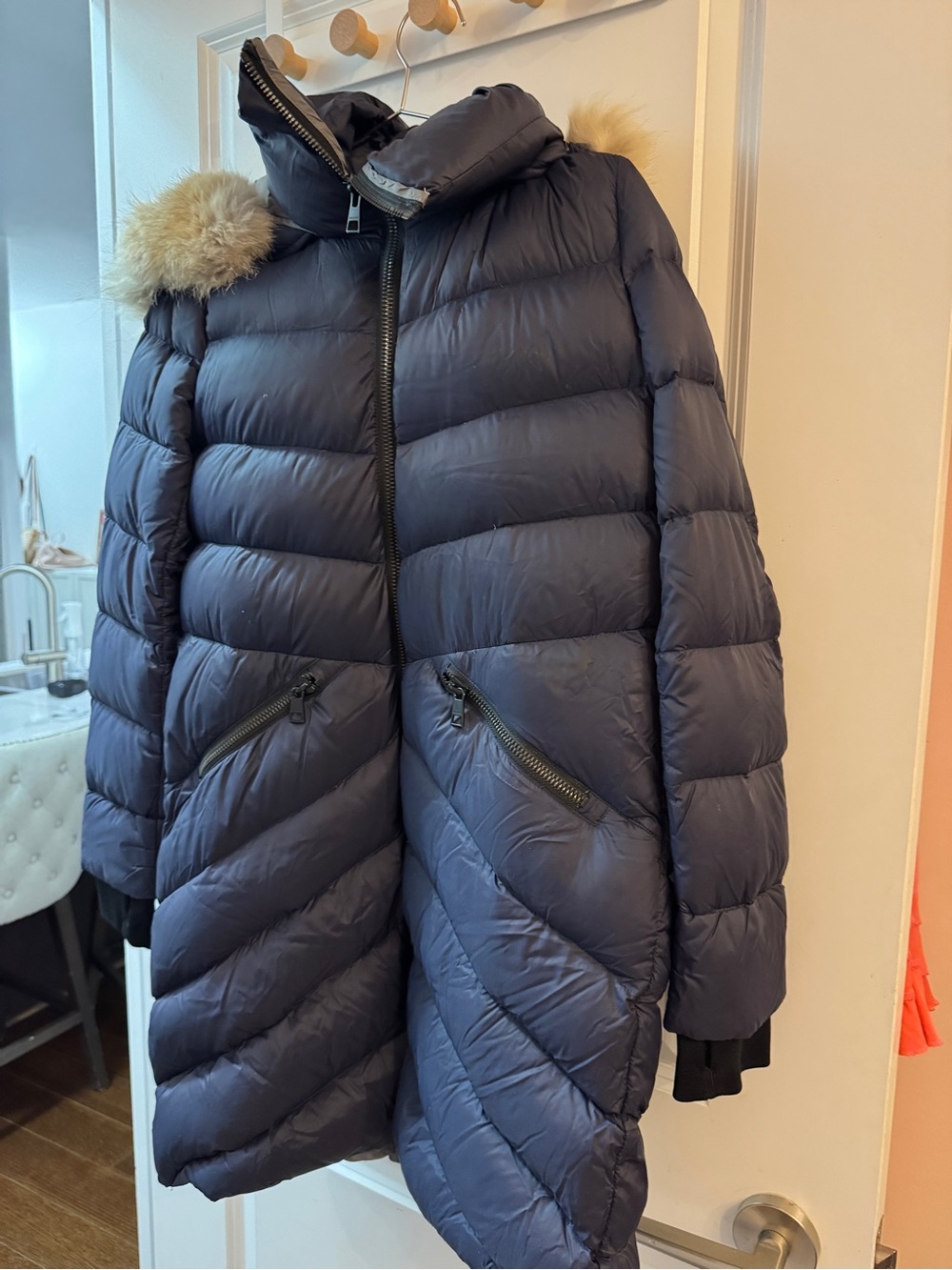 Soia & Kyo Navy Quilted Lightweight Down Puffer with real Fur Hood Trim